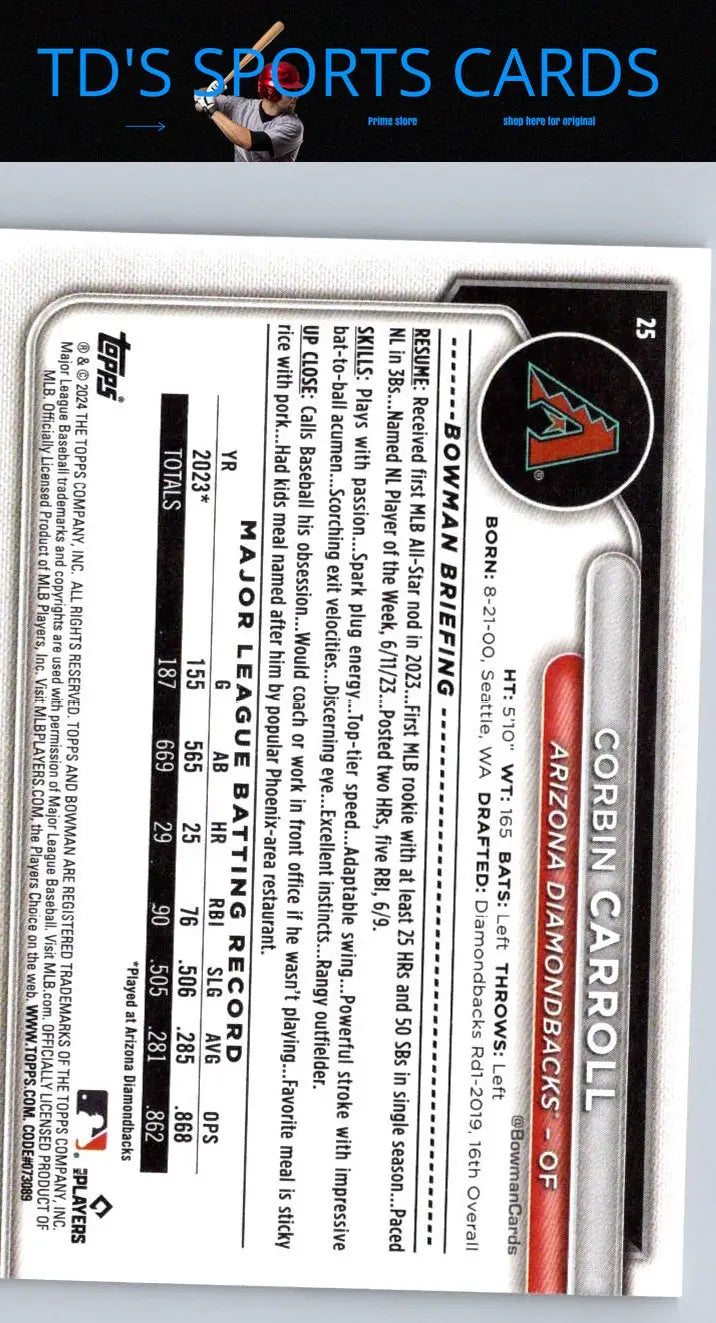 2024 Bowman Corbin Carroll baseball card showcasing collectible sports memorabilia