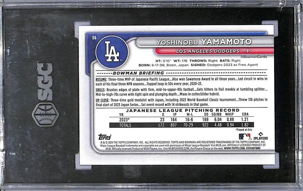 Yoshinobu Yamamoto baseball card 2024 Bowman #36 SGC 10 Gem RC Rookie Los Angeles Dodgers