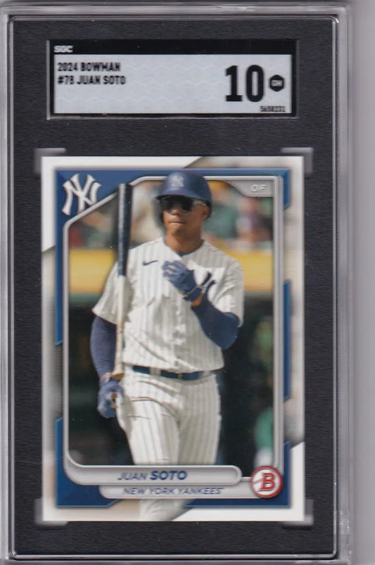 Graded Juan Soto baseball card SGC 10 featuring New York Yankees from 2024 Bowman
