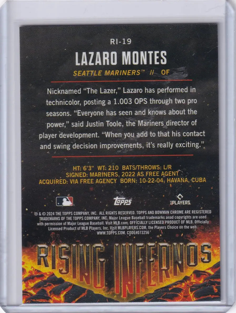 Back of 2024 Bowman Baseball trading card featuring Lazaro Montes, Seattle Mariners