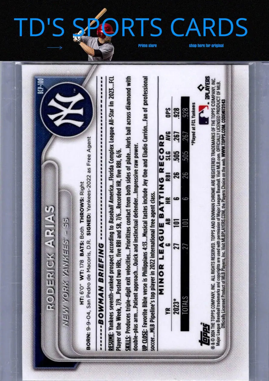 Baseball card back of Roderick Arias Chrome Prospects 2024 Bowman #BCP-100