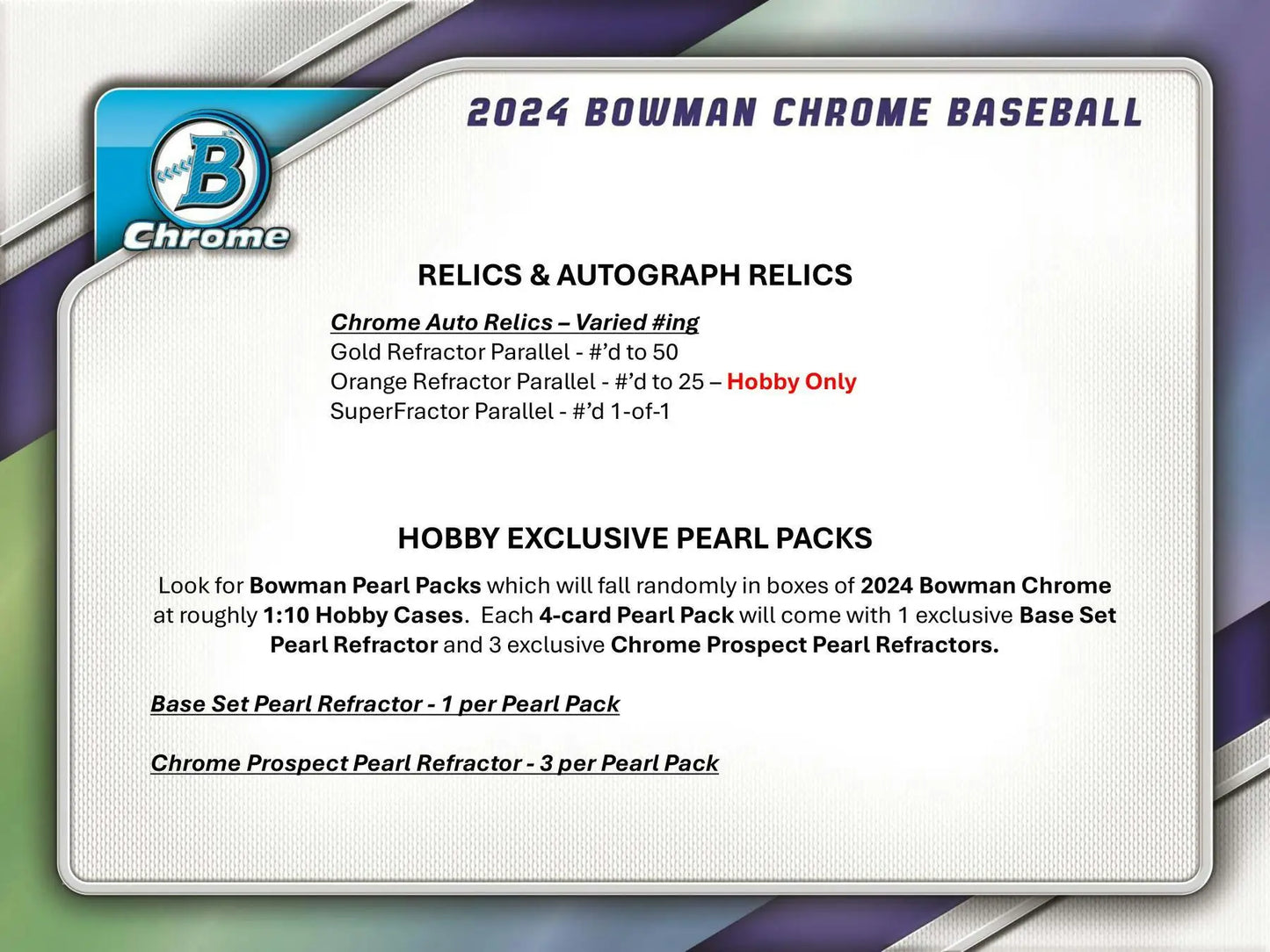 2024 Bowman Chrome Baseball Hobby Box with refractor parallel and orange refractor cards