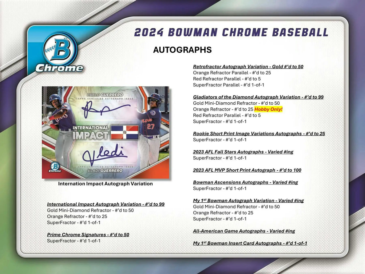 Baseball card autograph checklist with refractor parallel, orange refractor, superfractor parallel for 2024 Bowman Chrome Hobby Box