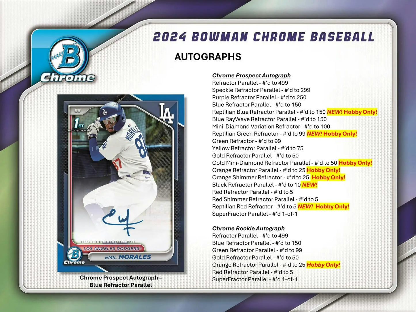 Baseball card with autograph details from 2024 Bowman Chrome Hobby Box, refractor parallel