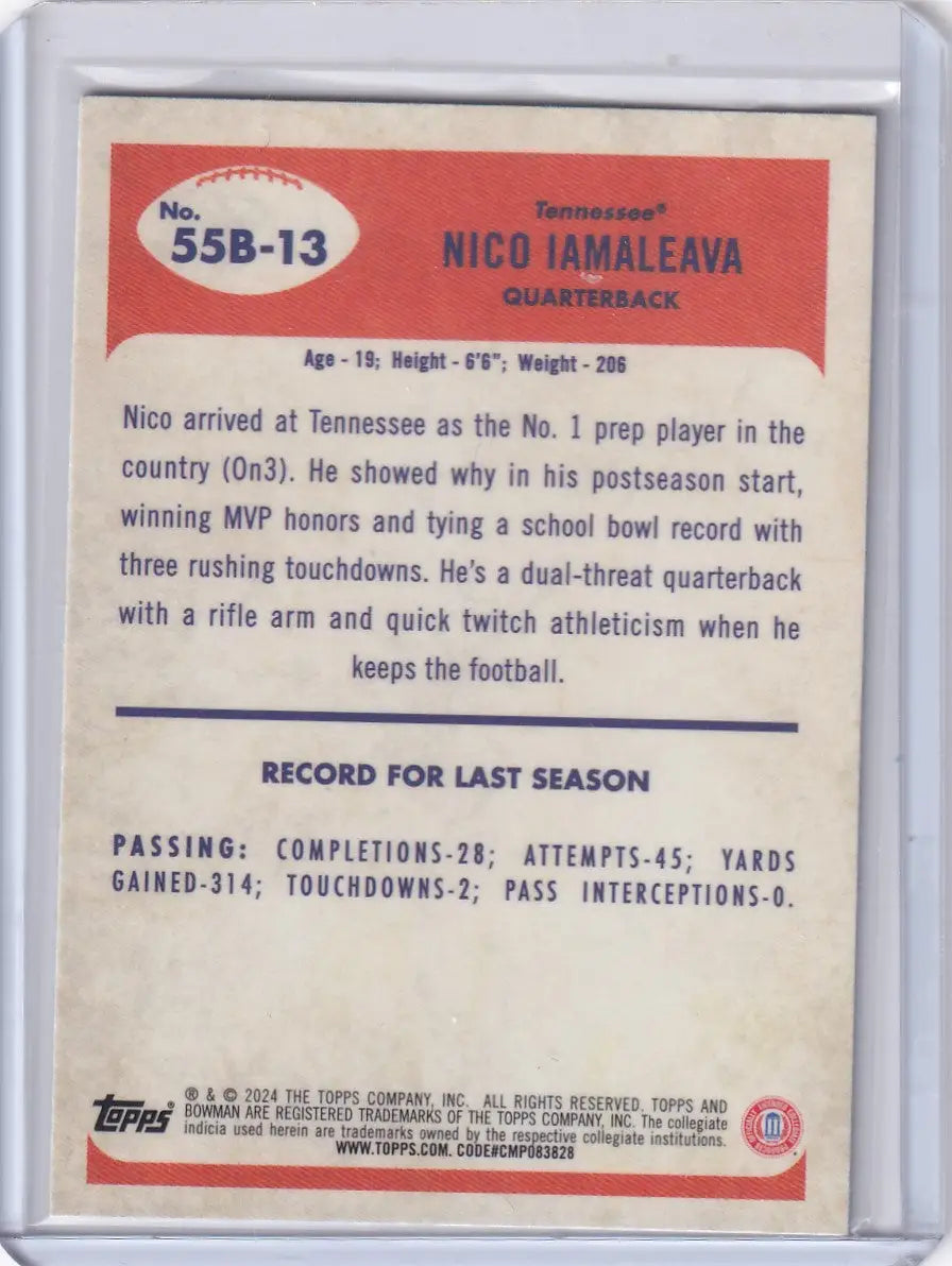 Tennessee quarterback statistics on 2024 Bowman Chrome University trading card