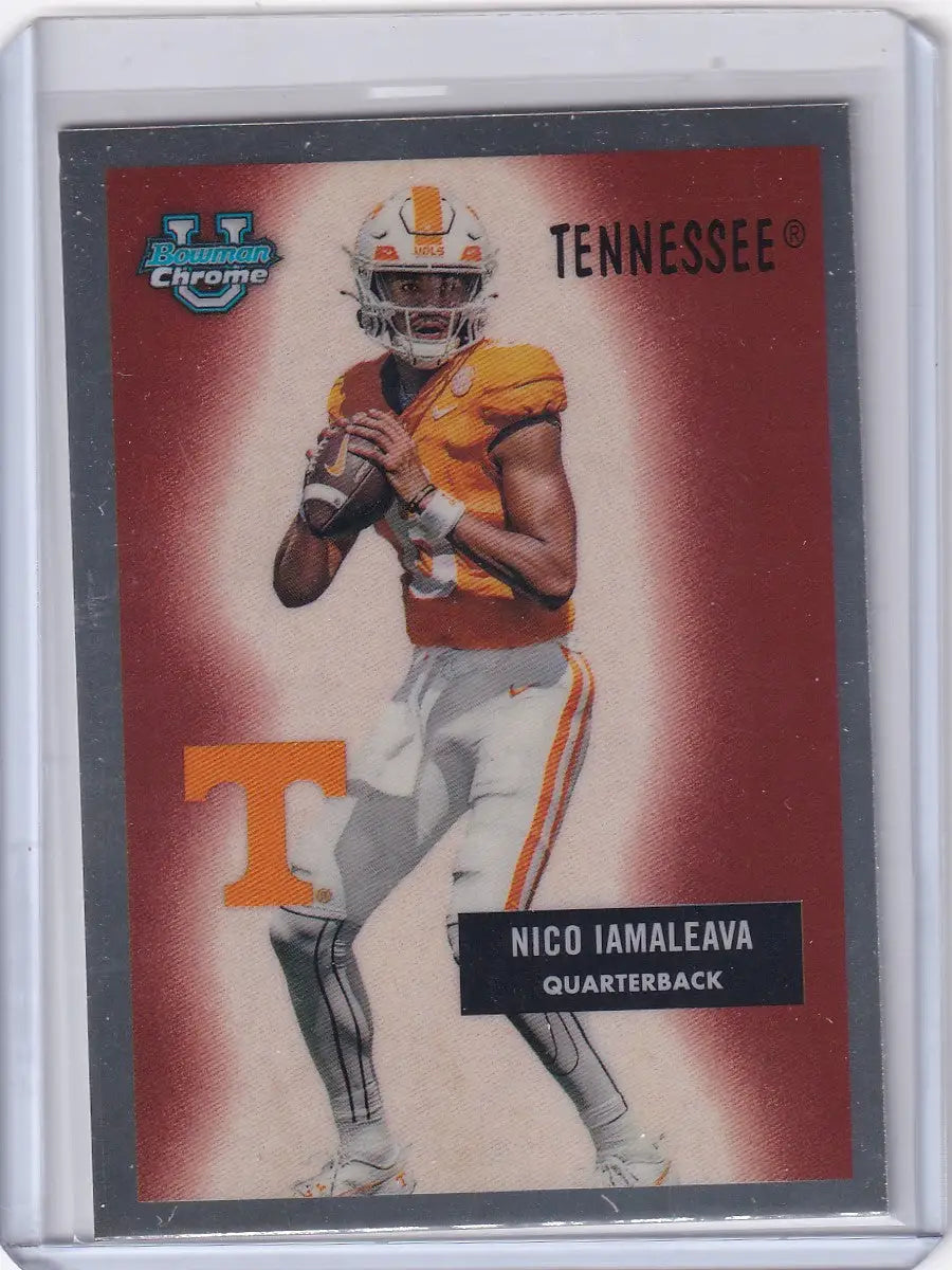 Football trading card of Nico Iamaleava in an orange jersey from Bowman Chrome University