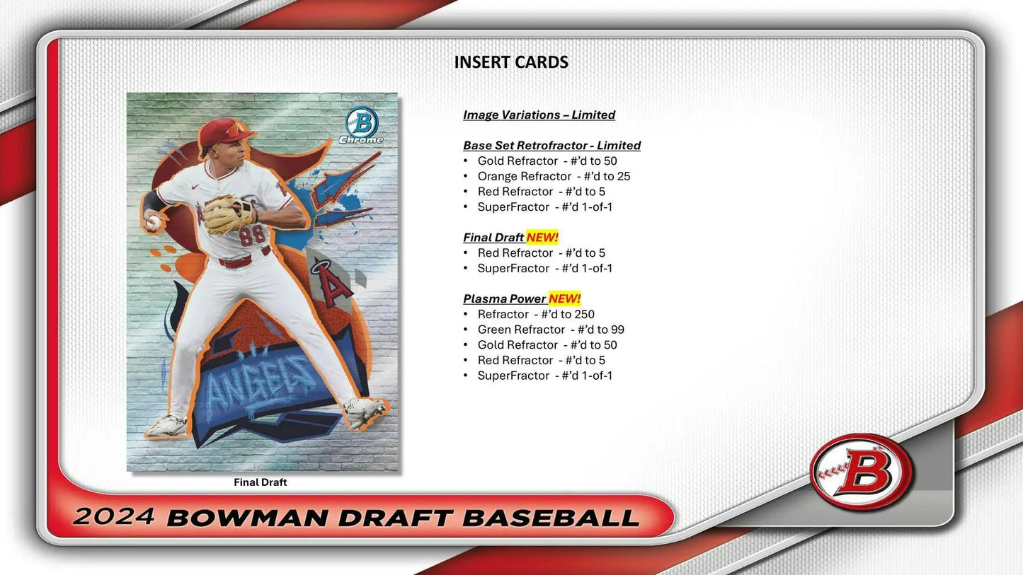 Baseball card insert info from 2024 Bowman Draft Super Jumbo Box with red and gold refractors