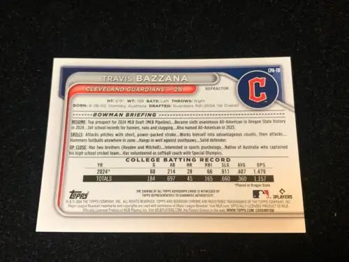 Back of 2024 Bowman Draft Travis Bazzana trading card #226/499 Prospect Auto