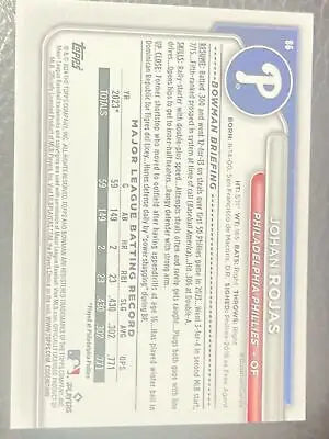 Baseball card back of 2024 Bowman Johan Rojas trading card #86 for collectors