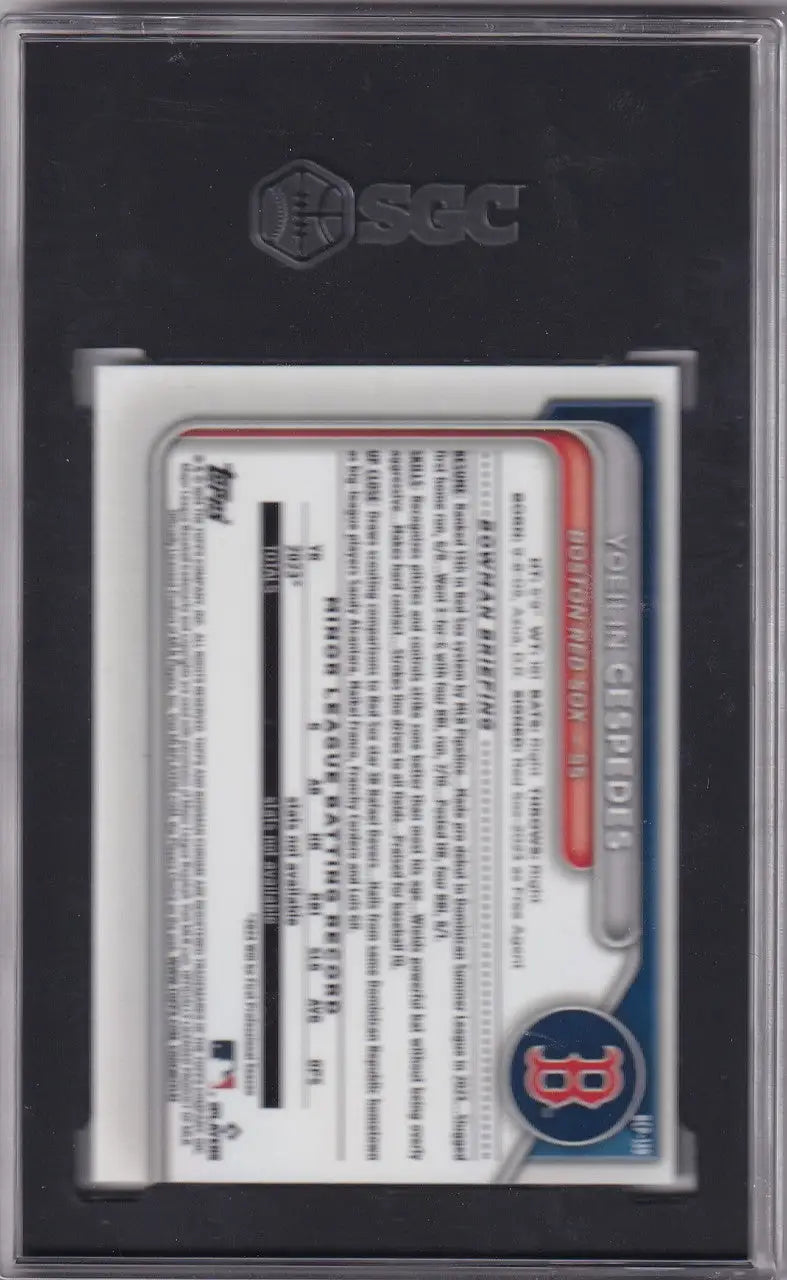 Back of 2024 Bowman Yoeilin Cespedes SGC card in case, showcasing Boston Red Sox details