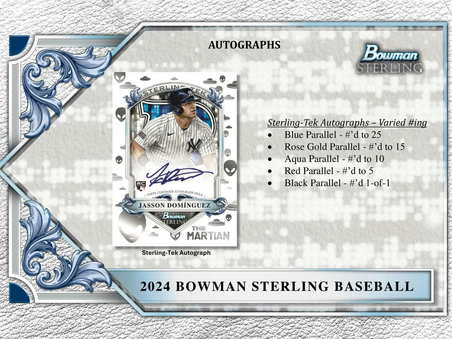 Jasson Dominguez autographed baseball card with rose gold mini-diamond refractor pattern in 2024 Bowman Sterling Hobby Box