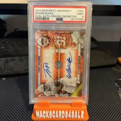 Graded dual-autographed football trading card of Trey Moore from Best University in orange holder