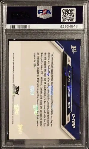 PSA graded card holder displaying the back of a Caleb Williams, Jayden Daniels rookie card