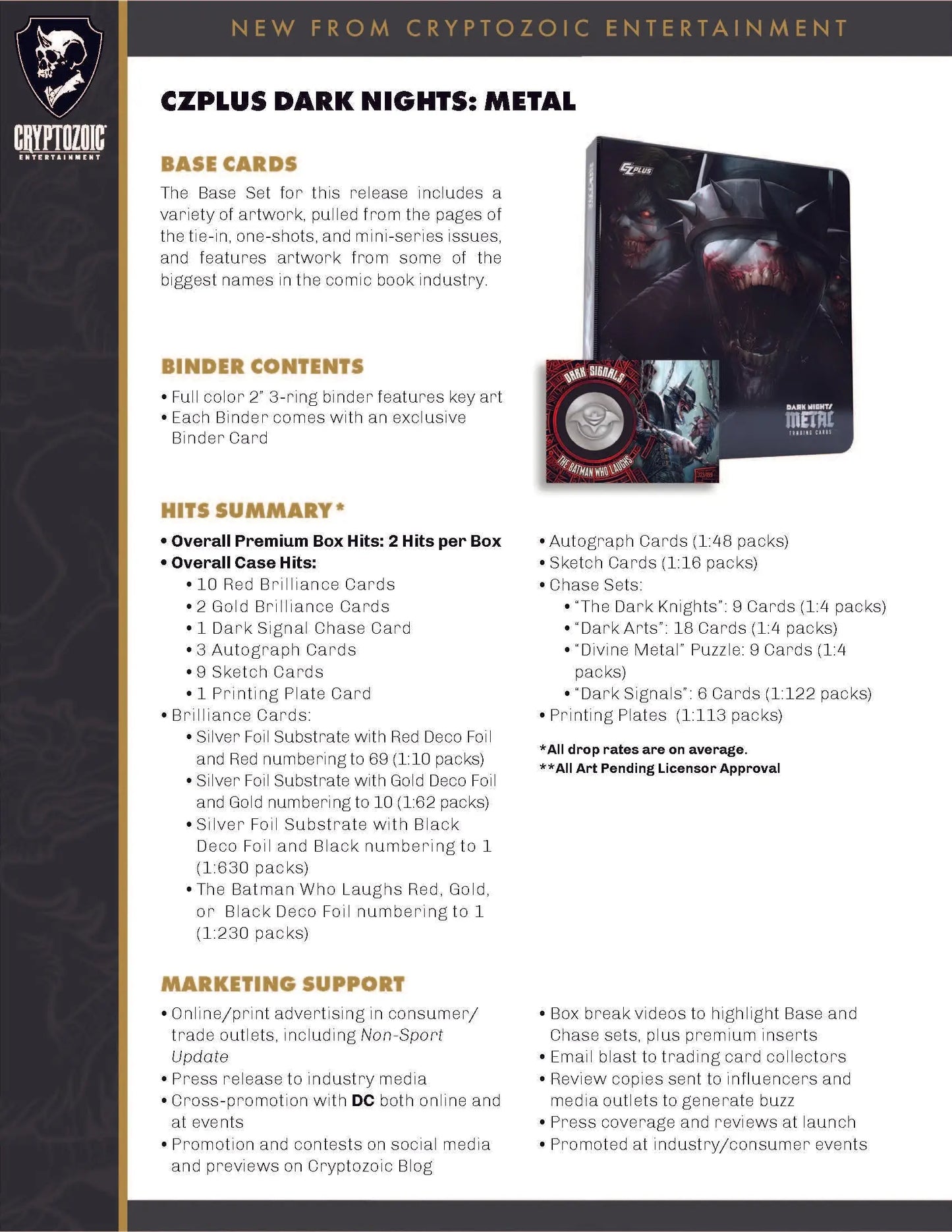 Marketing sheet for CZPlus Dark Nights Metal game content for pre-order trading cards