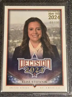 Collectible Elise Stefanik election day trading card for Decision 2024 with gold foil design