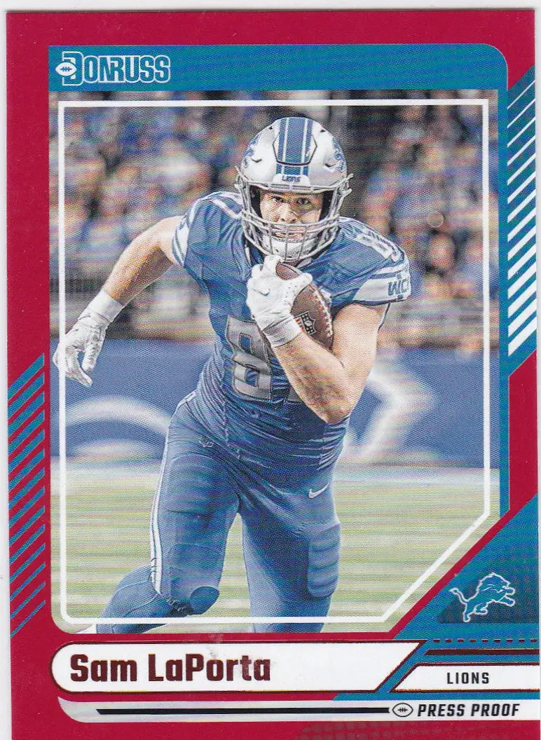 Donruss football trading card featuring Sam LaPorta Red Press Proof Detroit Lions