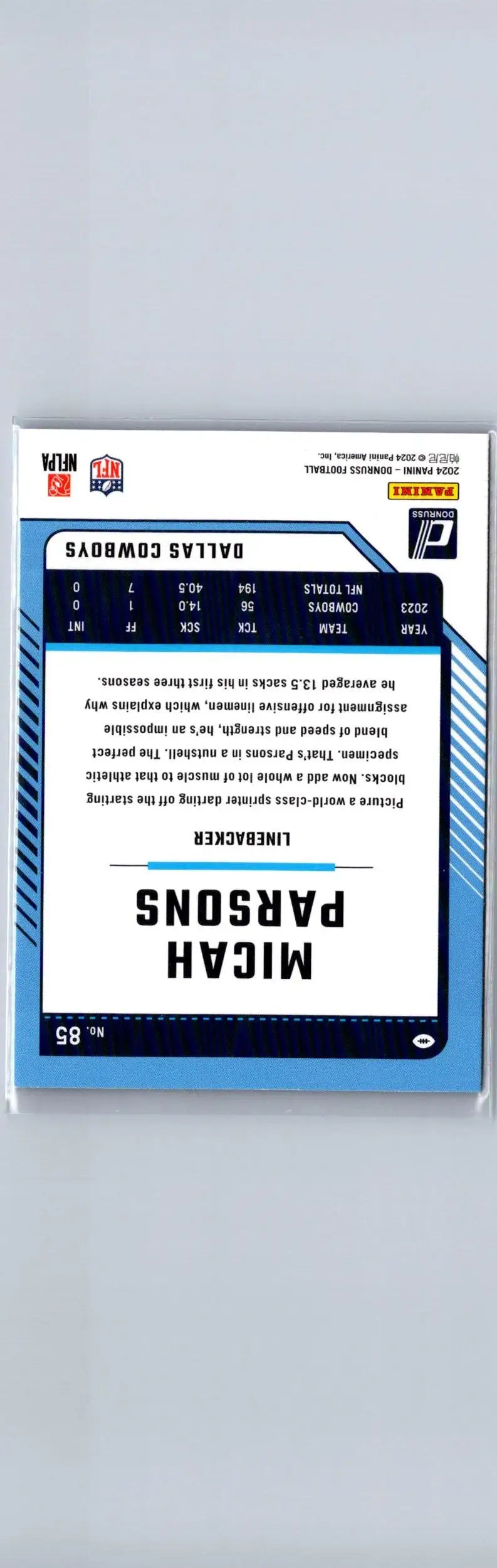 Vertical football trading card of Micah Parsons Dallas Cowboys 2024 Donruss Parsons Press Proof Blue