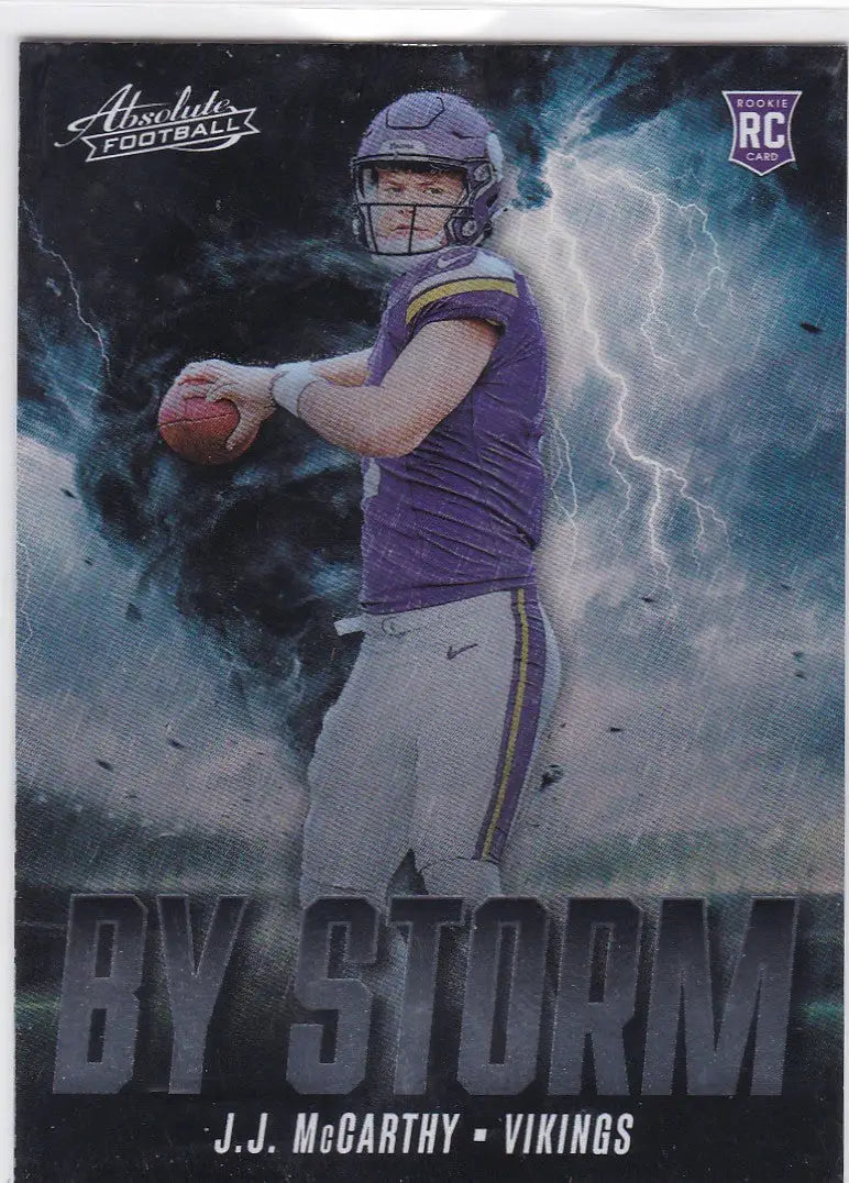 Football trading card of J.J. McCarthy storm RC Minnesota Vikings with lightning background