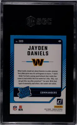 Graded football trading card of Jayden Daniels from 2024 Donruss Jayden Daniels series