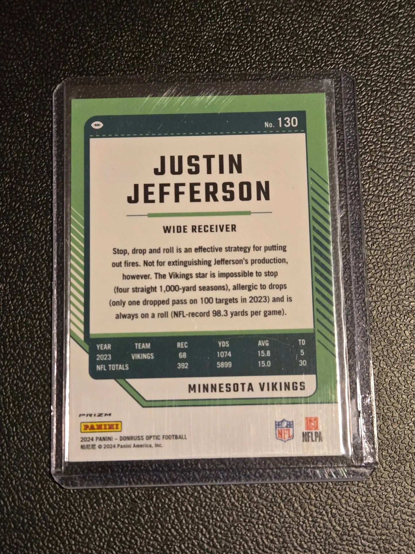 Justin Jefferson Holo trading card from 2024 Donruss Optic set featuring wide receiver