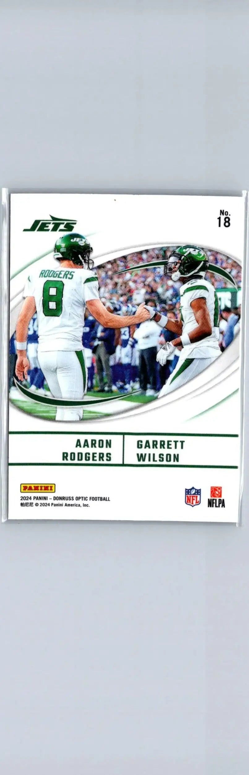 Aaron Rodgers and Garrett Wilson football card from 2024 Donruss Optic Best Tuddys