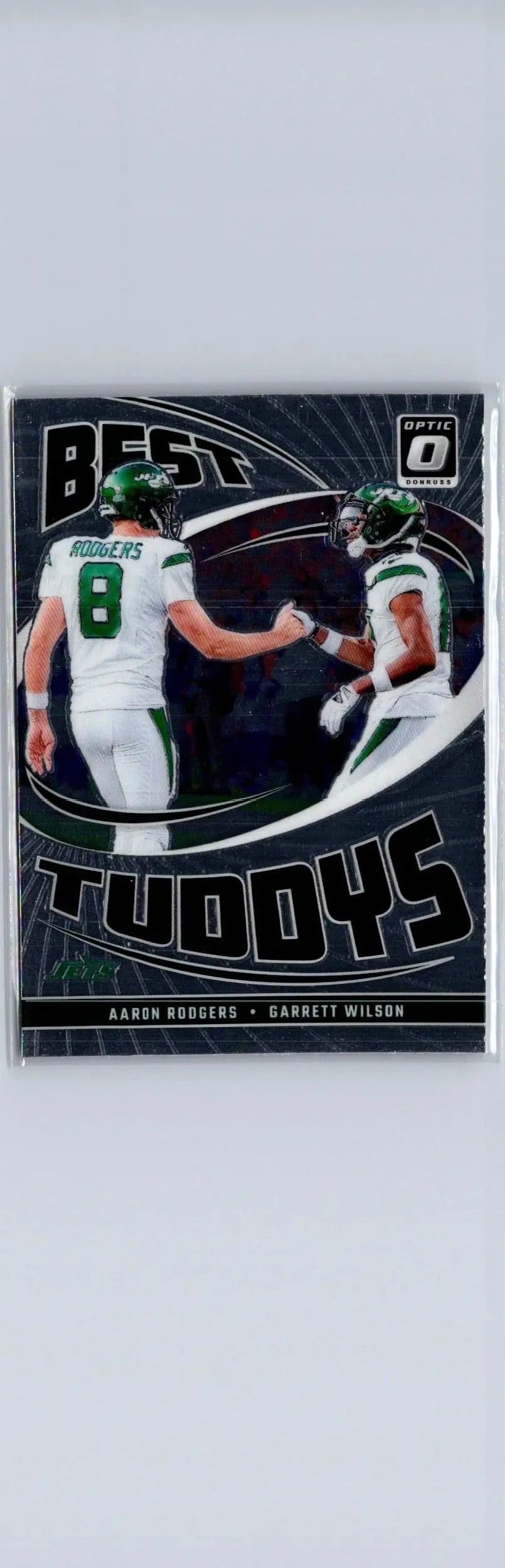 Football card featuring Aaron Rodgers and Garrett Wilson from 2024 Donruss Optic Best Tuddys
