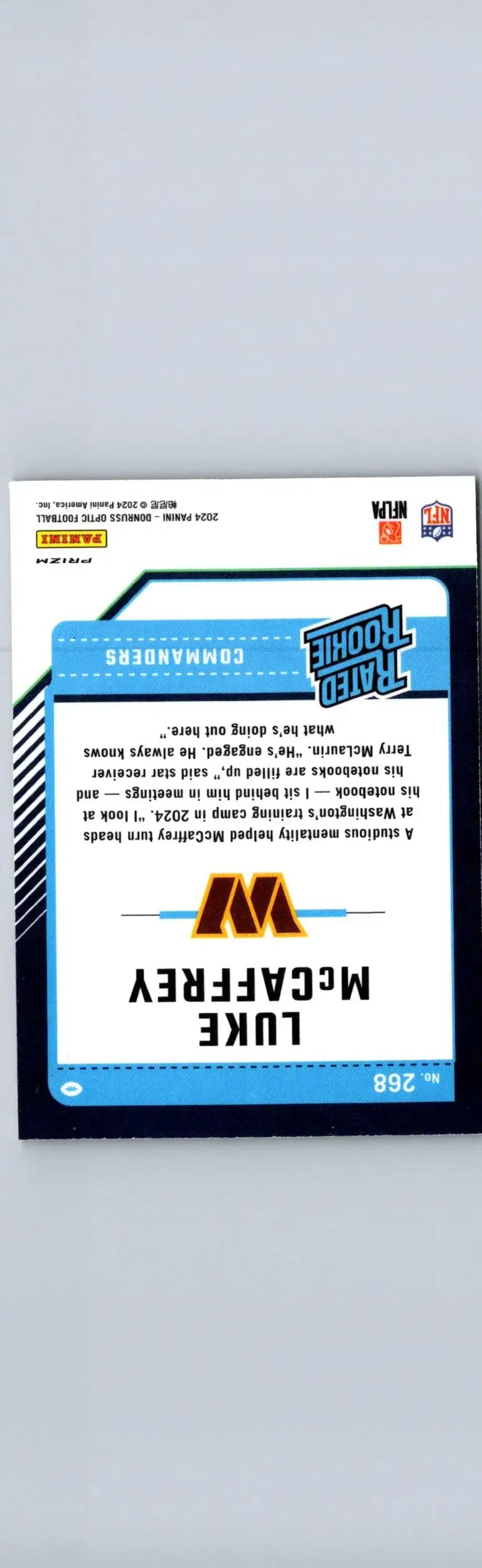 Luke McCaffrey football card 2024 Donruss Optic Green Velocity featuring Luke McCaffrey Green