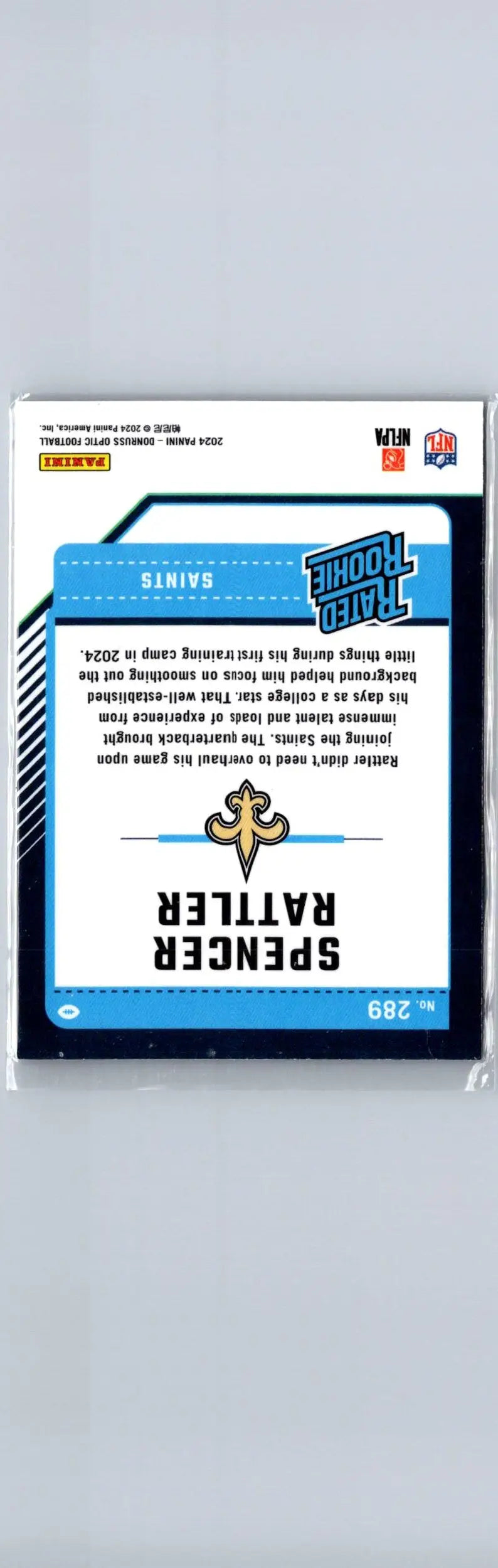 Collectible football trading card featuring Spencer Rattler from 2024 Donruss Optic series
