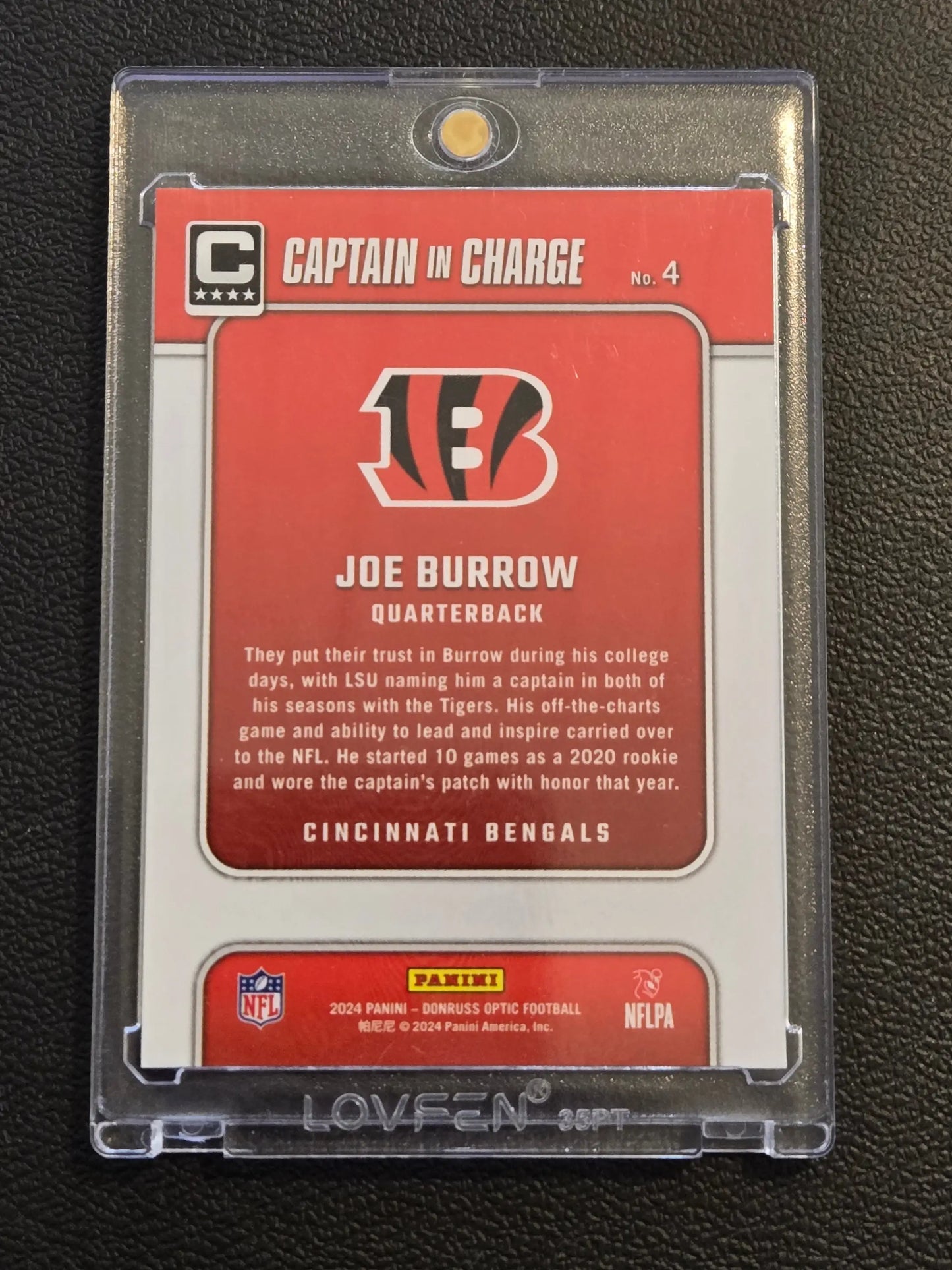 Joe Burrow Captain football trading card in protective case from 2024 Donruss Optic