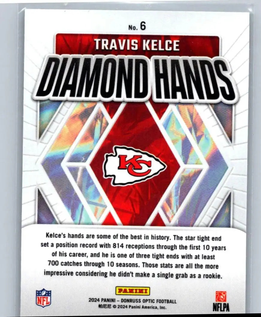 2024 Donruss Optic Travis Kelce Diamond Hands football card featuring Travis Kelce Diamond Hands