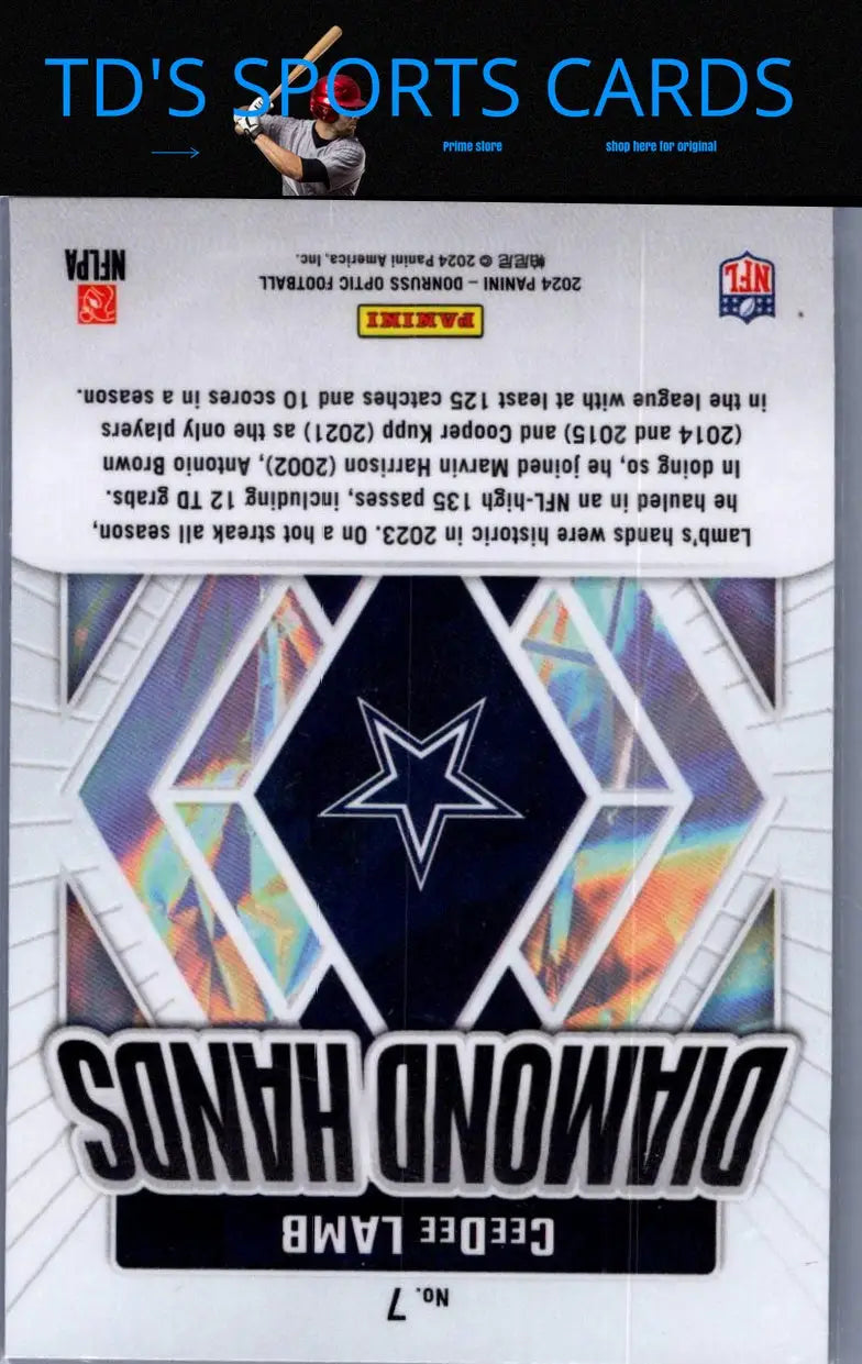 Back of 2024 Panini Donruss Optic CeeDee Lamb Diamond Hands football card