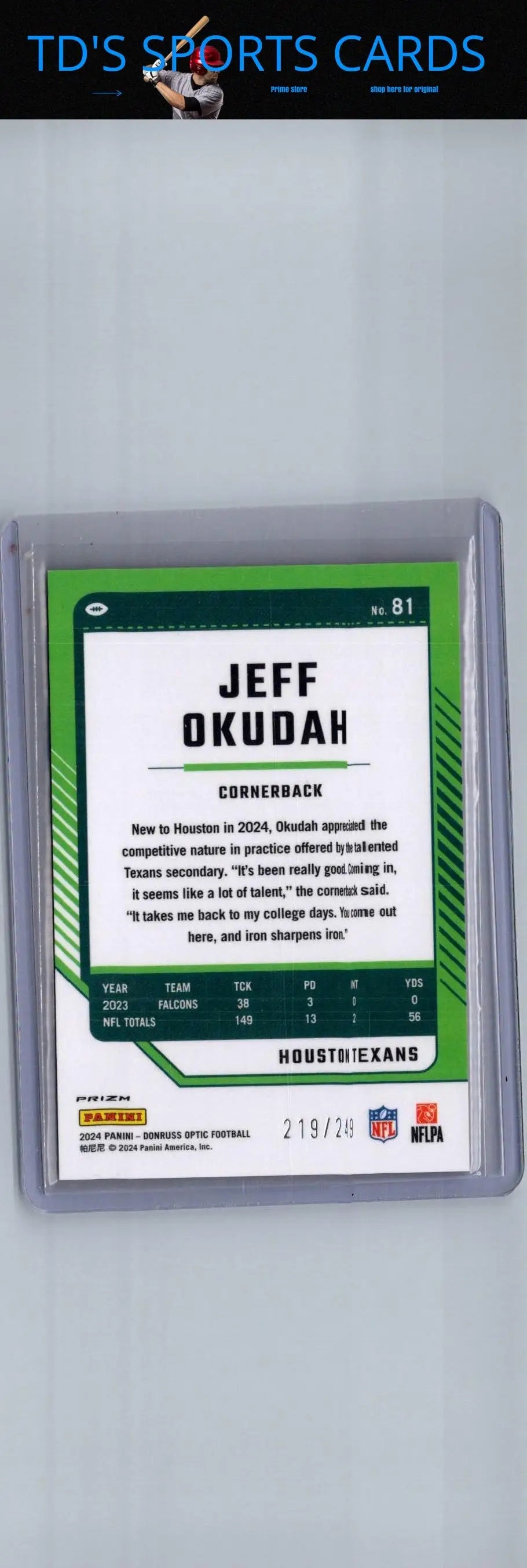 Jeff Okudah football card showing 2024 Donruss Optic Jeff Okudah Orange #/249