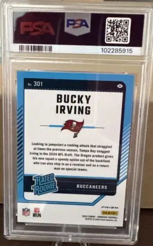 Graded Bucky Irving football card from 2024 Donruss Optic Rated Rookie Preview Football Emoji