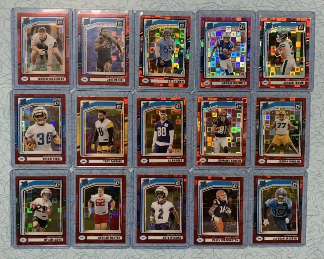 Collection of Donruss Optic Red Pandora NFL Rated Rookie Cards in protective cases