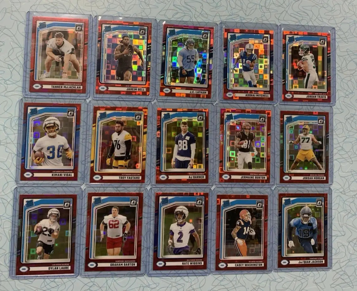 Collection of 15 NFL Donruss Optic Red Pandora Rated Rookie Cards featuring players in various poses