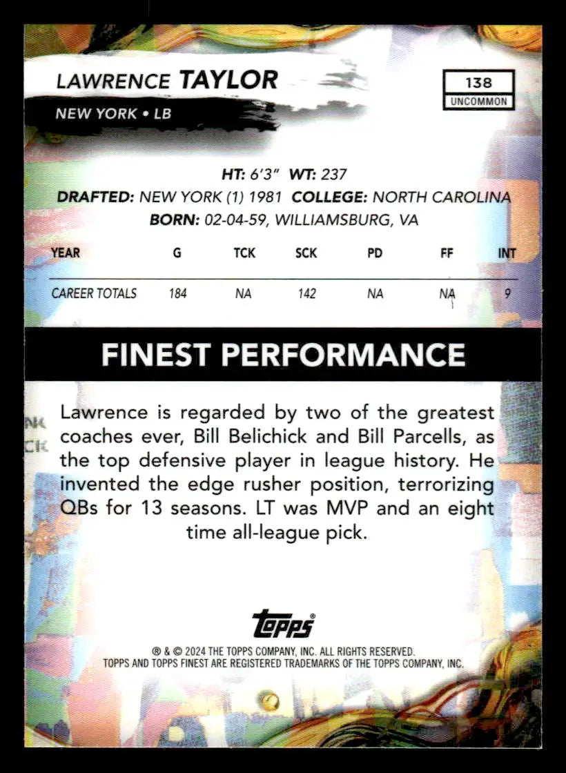 2024 Finest Lawrence Taylor football card showcasing iconic NFL superstar