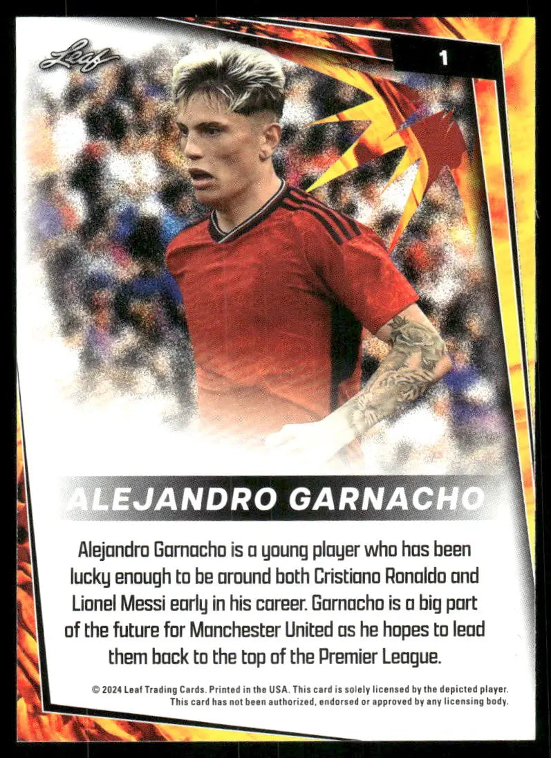 Soccer trading card featuring Alejandro Garnacho from 2024 Leaf Alejandro Garnacho series