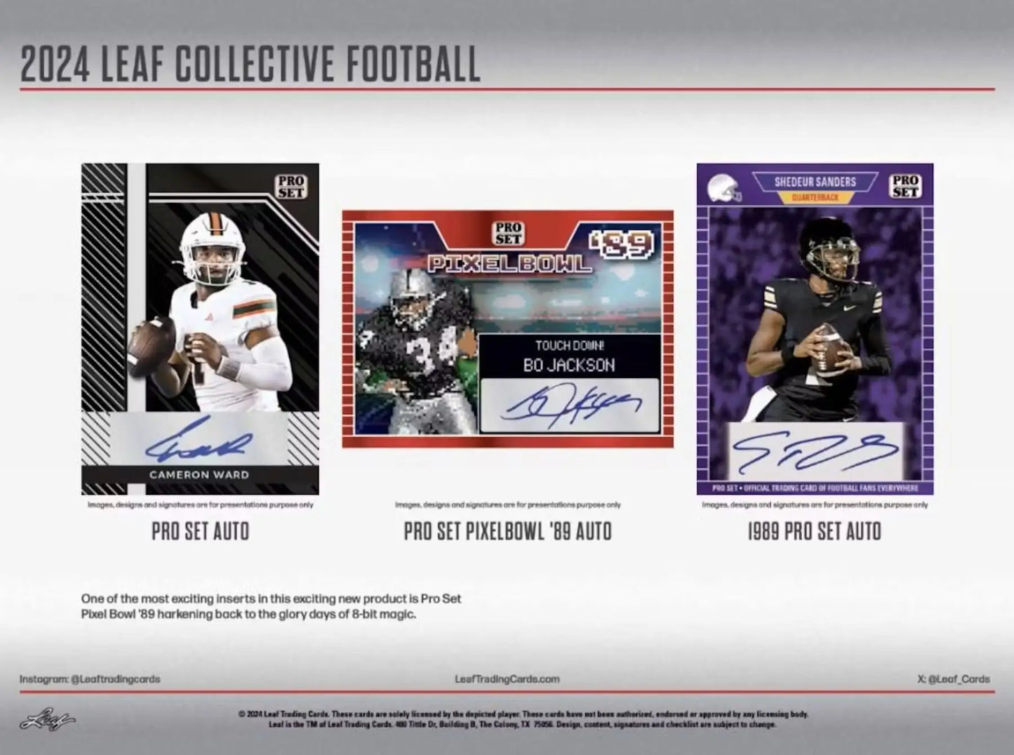 Promotional materials for 2024 Leaf Collective Football trading cards with autographed cards