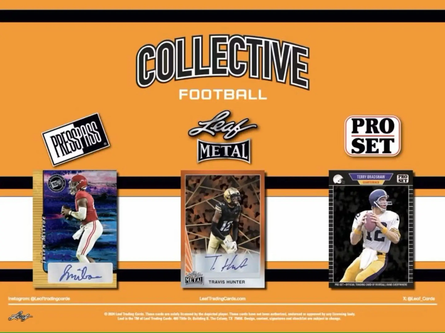 Advertisement for Leaf Metal Collective Football trading cards in 2024 Leaf Collective Hobby Box