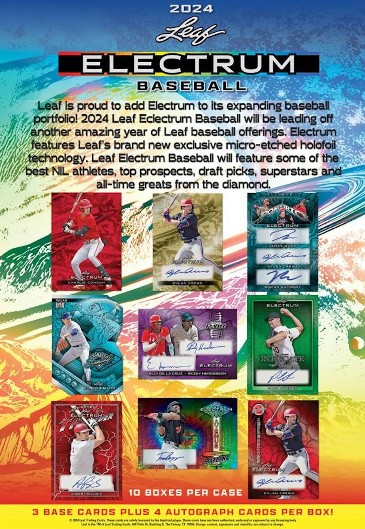Product advertisement poster for 2024 Leaf Electrum Baseball trading cards designs and autographs