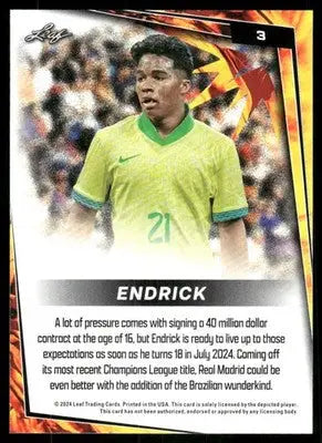Leaf Endrick soccer trading card from 2024 Leaf Endrick #3 White Soccer collection
