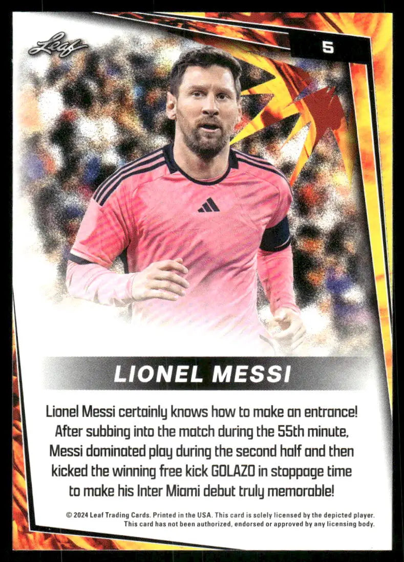 Collectible Leaf Lionel Messi trading card in pink jersey from 2024 Leaf Lionel Soccer series