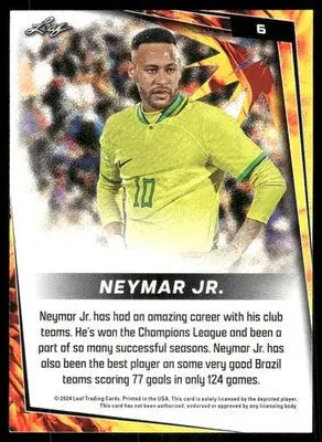 2024 Leaf Neymar Jr. #6 White Soccer trading card featuring Neymar Jr. soccer memorabilia