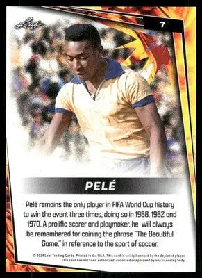 Collectible trading card featuring Pelé from 2024 Leaf Pelé White Soccer series