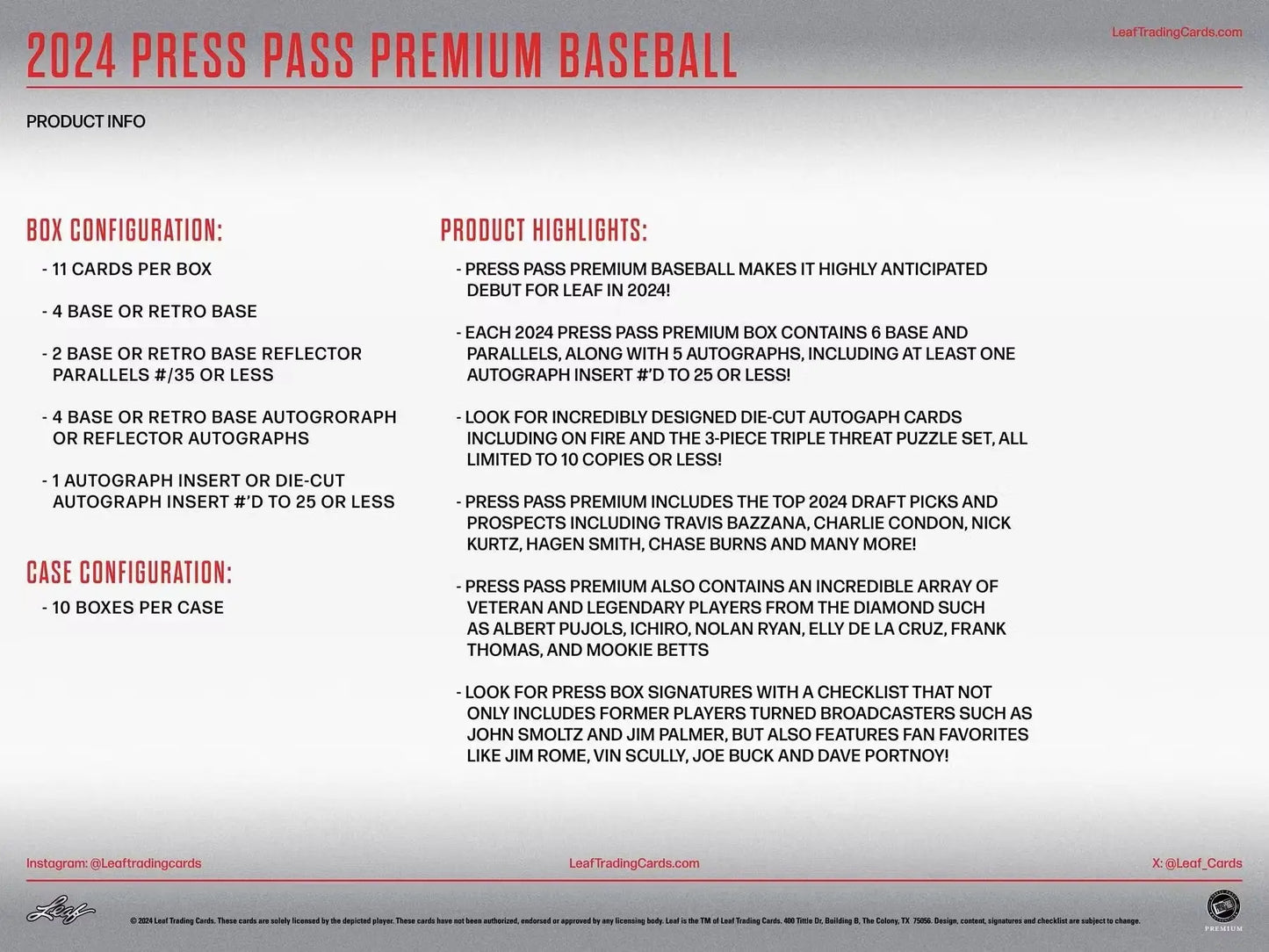 2024 Press Pass Premium Baseball Hobby Box with press pass premium product info
