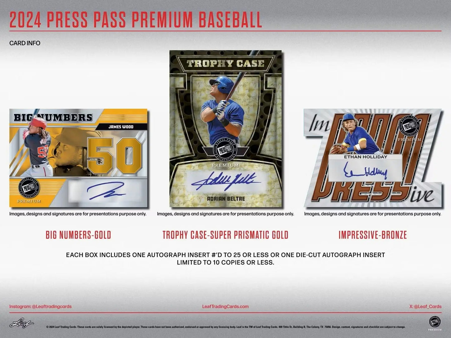 Baseball trading cards from the 2024 Leaf Press Pass Premium Baseball Hobby Box