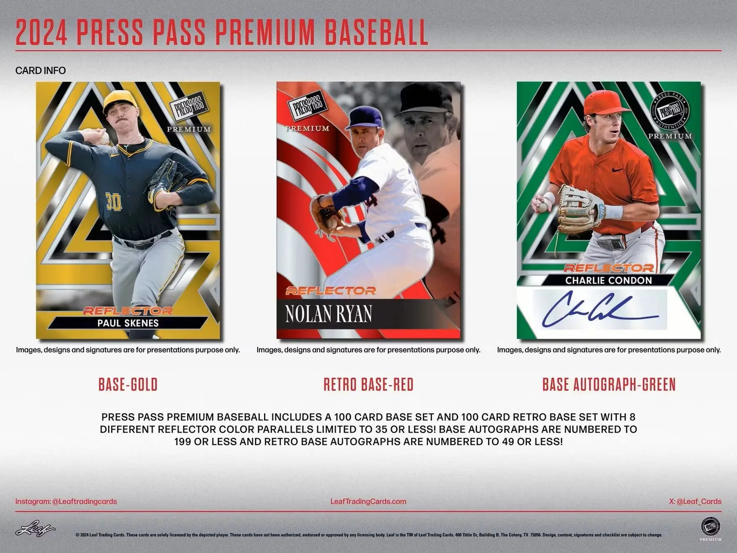 Baseball trading cards from the 2024 Leaf Press Pass Premium Baseball Hobby Box