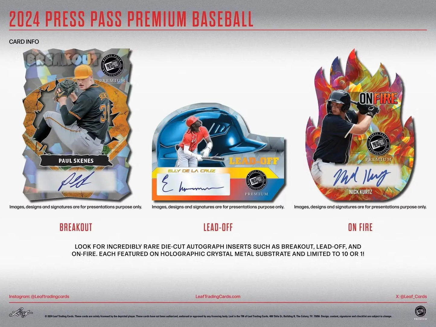 Three press pass premium baseball cards inside the 2024 Leaf Press Pass Premium Baseball Hobby Box