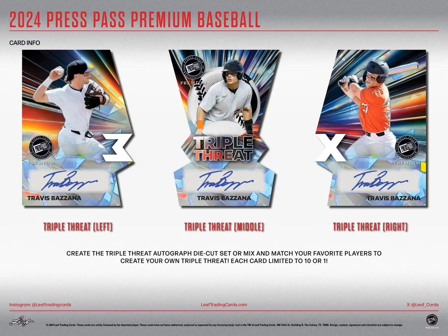 Baseball card triple threat set from 2024 Leaf Press Pass Premium Baseball Hobby Box