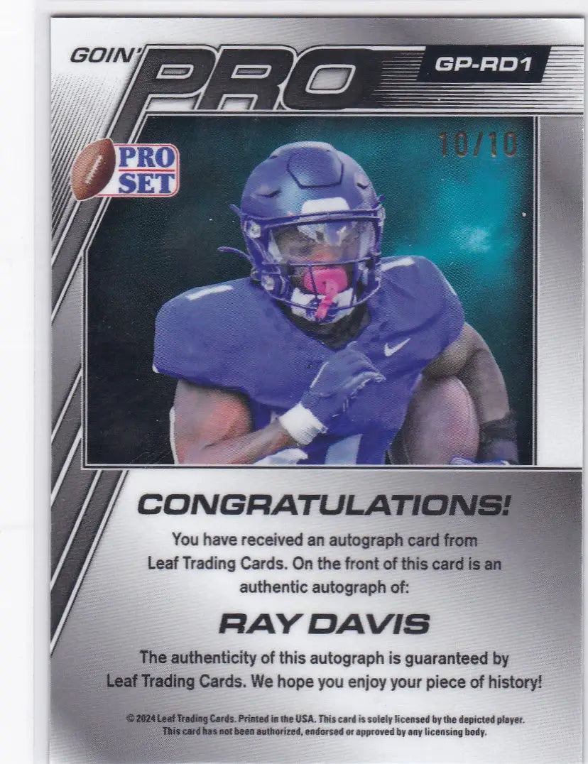 Trading card redemption notice for autographed Ray Davis card from 2024 Leaf Pro Set